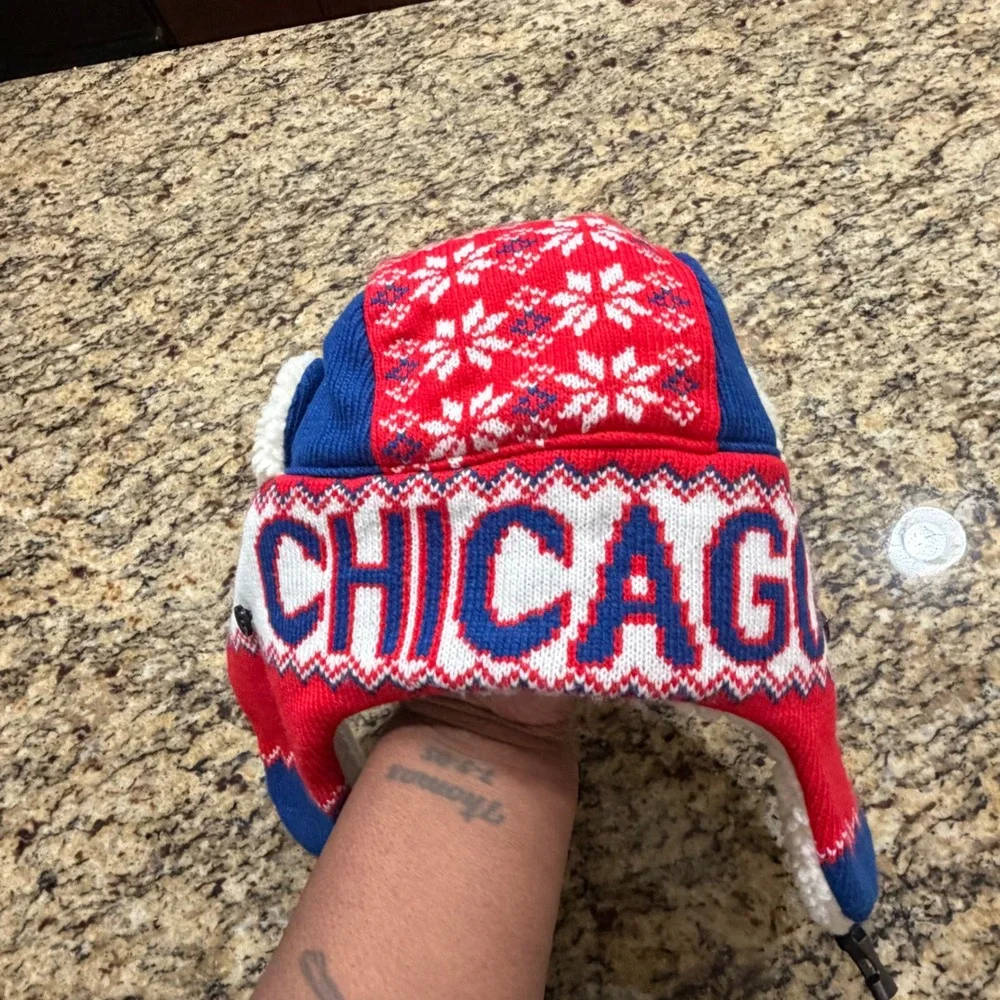 Chicago Knit Trapper Hat Red White Blue Fair Isle Snowflake Faux Fur Ear Flaps
